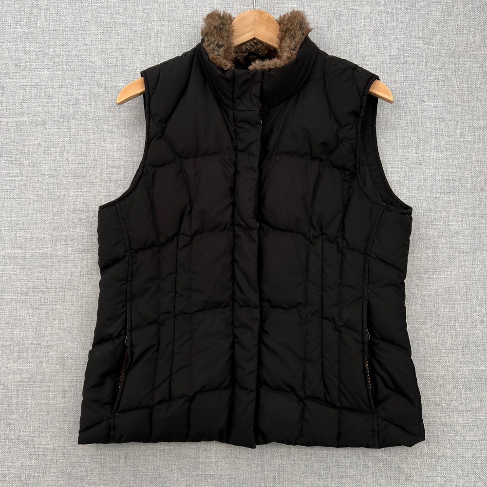 Eddie Bauer Goose Down Puffer Vest Women Medium Black Faux Fur Collar Cozy